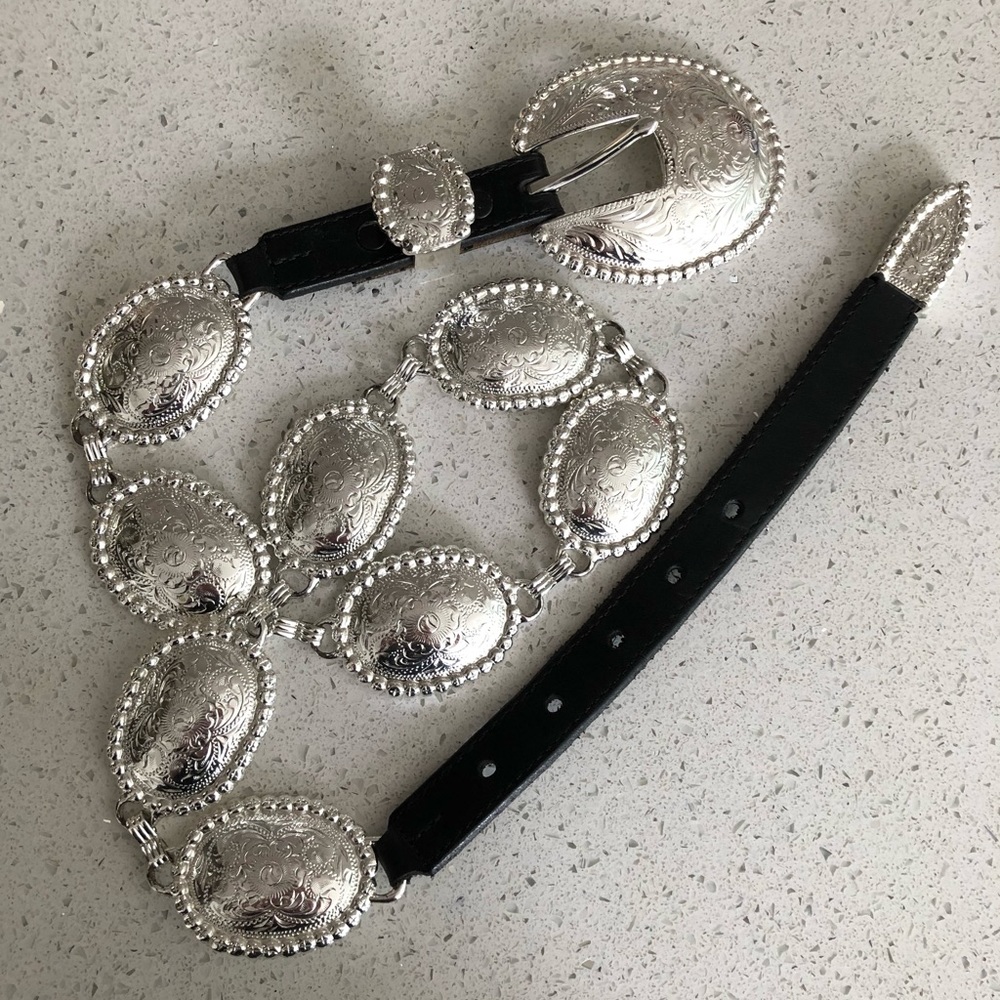 Tony Lama Concho Western Belt Black Leather Silver